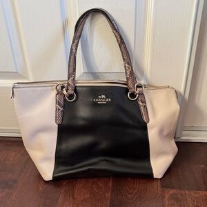Coach Ava Black and Cream Tote with Snakeskin Handles